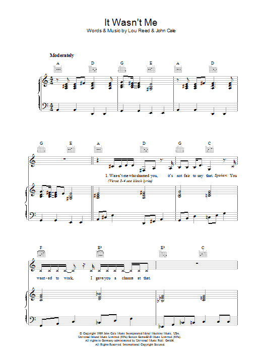 Lou Reed It Wasn't Me Sheet Music Notes & Chords for Piano, Vocal & Guitar - Download or Print PDF