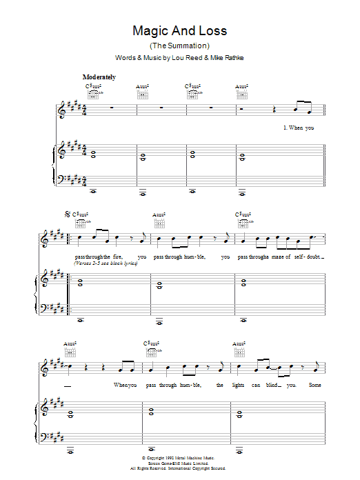 Lou Reed Magic And Loss Sheet Music Notes & Chords for Piano, Vocal & Guitar - Download or Print PDF