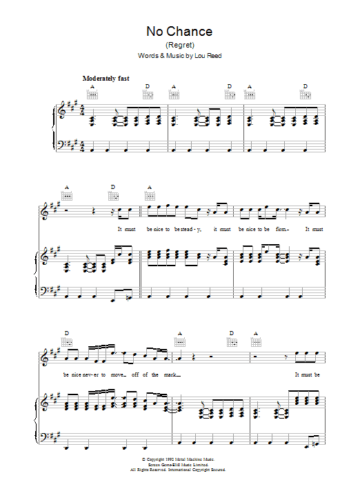 Lou Reed No Chance Sheet Music Notes & Chords for Piano, Vocal & Guitar (Right-Hand Melody) - Download or Print PDF