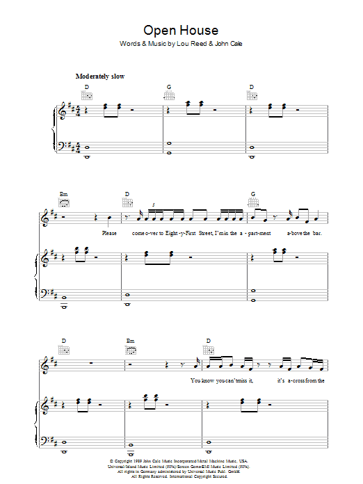 Lou Reed Open House Sheet Music Notes & Chords for Piano, Vocal & Guitar - Download or Print PDF