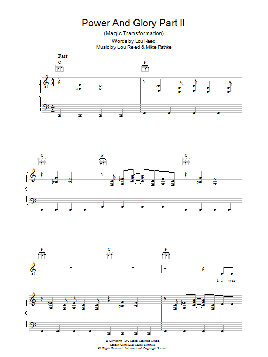 Lou Reed Power And Glory Part 2 Sheet Music Notes & Chords for Piano, Vocal & Guitar (Right-Hand Melody) - Download or Print PDF