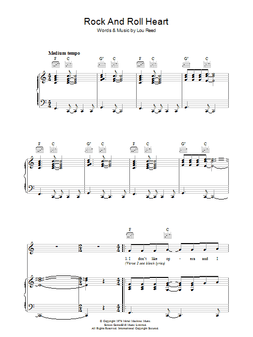 Lou Reed Rock And Roll Heart Sheet Music Notes & Chords for Piano, Vocal & Guitar (Right-Hand Melody) - Download or Print PDF