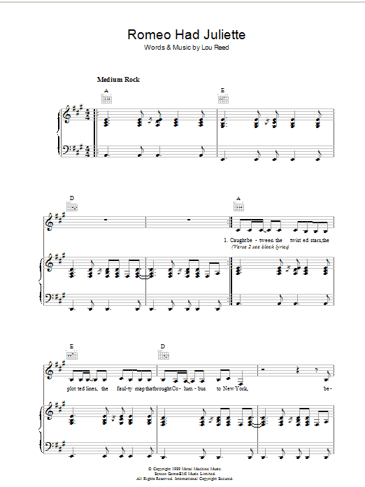 Lou Reed Romeo Had Juliette Sheet Music Notes & Chords for Piano, Vocal & Guitar - Download or Print PDF