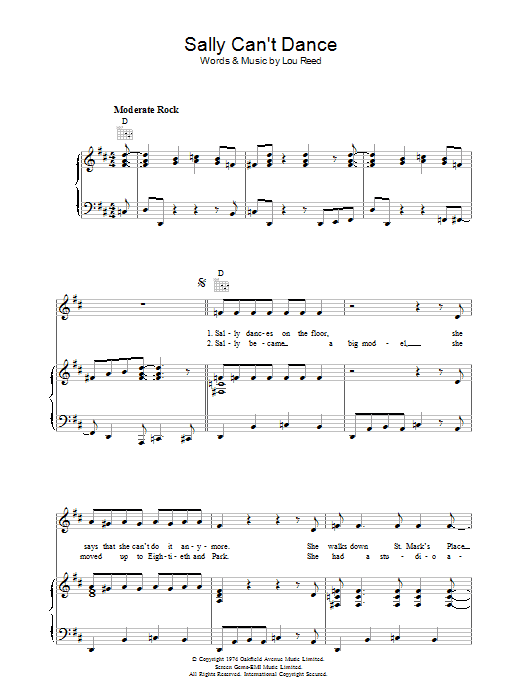 Lou Reed Sally Can't Dance Sheet Music Notes & Chords for Piano, Vocal & Guitar (Right-Hand Melody) - Download or Print PDF