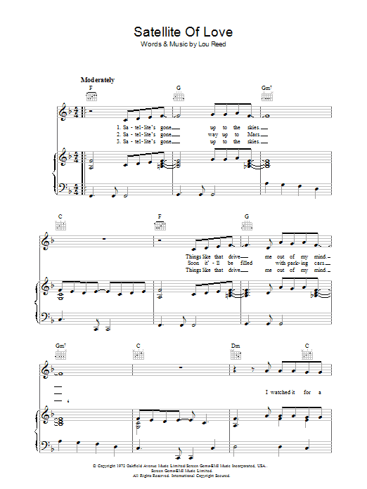 Lou Reed Satellite Of Love Sheet Music Notes & Chords for Piano, Vocal & Guitar (Right-Hand Melody) - Download or Print PDF