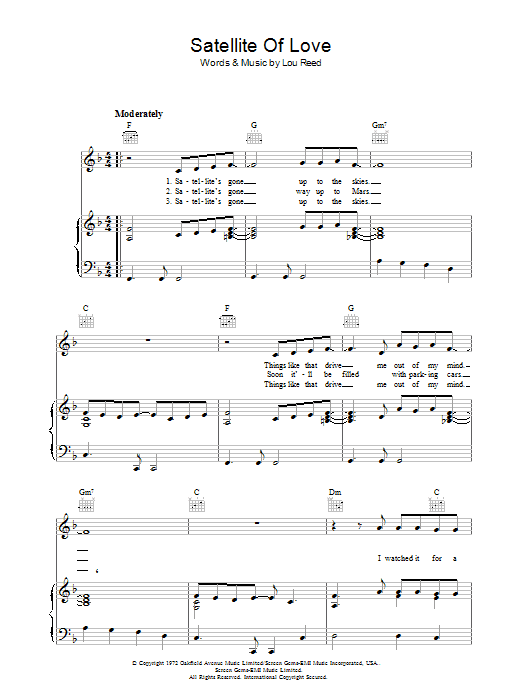 Lou Reed Satellite Of Love Sheet Music Notes & Chords for Lyrics & Chords - Download or Print PDF