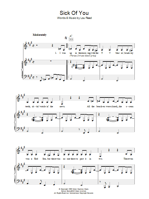 Lou Reed Sick Of You Sheet Music Notes & Chords for Piano, Vocal & Guitar - Download or Print PDF Lou Reed Sick Of You Sheet Music Notes & Chords for Piano, Vocal & Guitar - Download or Print PDF