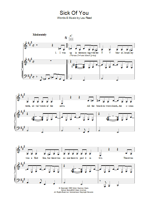 Lou Reed Sick Of You Sheet Music Notes & Chords for Piano, Vocal & Guitar - Download or Print PDF