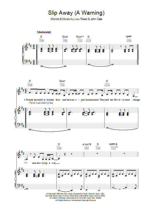 Lou Reed Slip Away (A Warning) Sheet Music Notes & Chords for Piano, Vocal & Guitar - Download or Print PDF