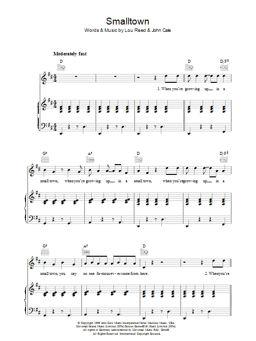 John Cale Smalltown Sheet Music Notes & Chords for Piano, Vocal & Guitar - Download or Print PDF