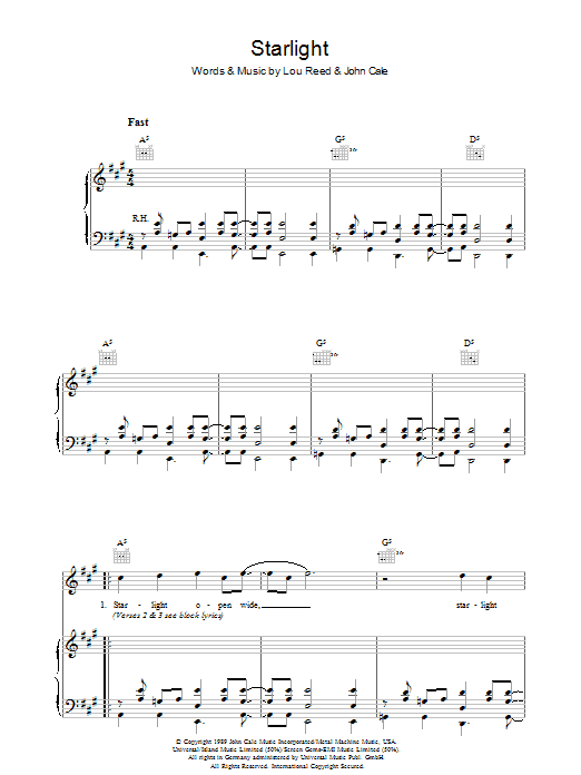 Lou Reed Starlight Sheet Music Notes & Chords for Piano, Vocal & Guitar - Download or Print PDF