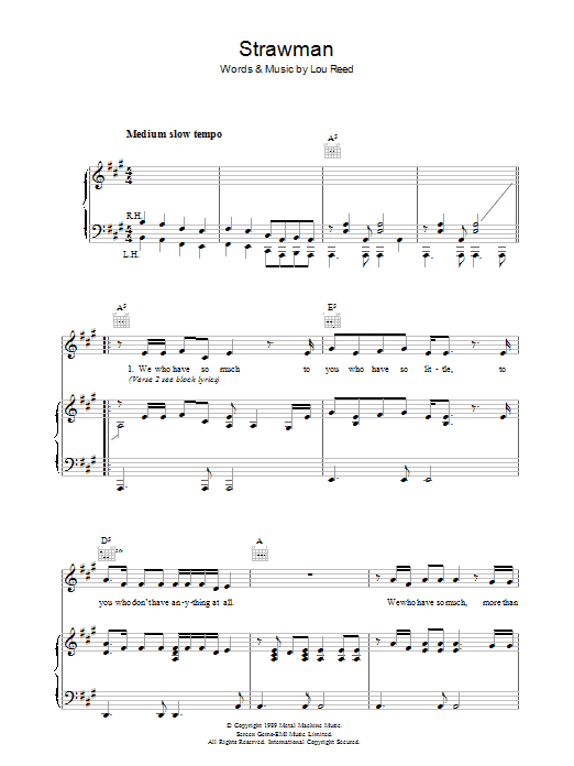 Lou Reed Strawman Sheet Music Notes & Chords for Piano, Vocal & Guitar (Right-Hand Melody) - Download or Print PDF