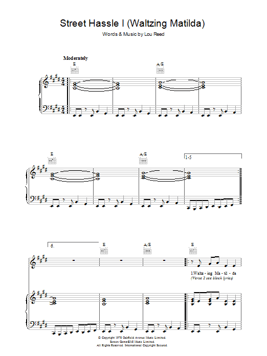 Lou Reed Street Hassle I Sheet Music Notes & Chords for Piano, Vocal & Guitar (Right-Hand Melody) - Download or Print PDF