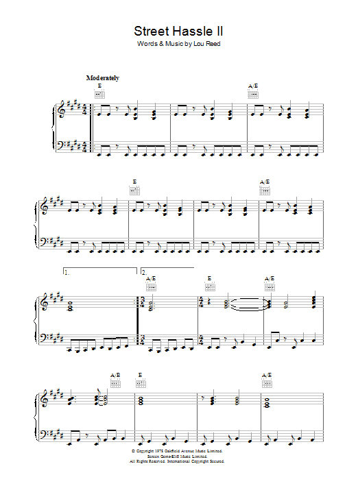 Lou Reed Street Hassle II Sheet Music Notes & Chords for Piano, Vocal & Guitar - Download or Print PDF