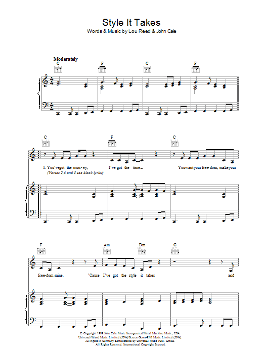 Lou Reed Style It Takes Sheet Music Notes & Chords for Piano, Vocal & Guitar - Download or Print PDF