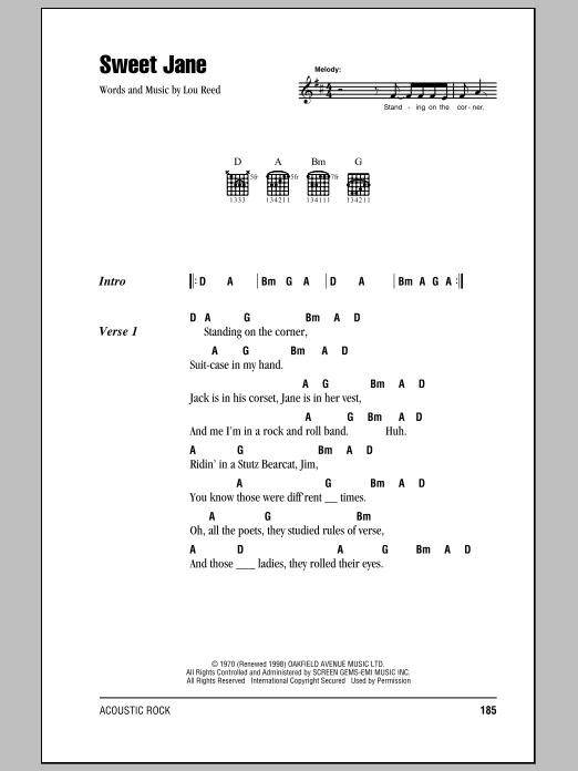 Lou Reed Sweet Jane (Intro) Sheet Music Notes & Chords for Lyrics & Piano Chords - Download or Print PDF