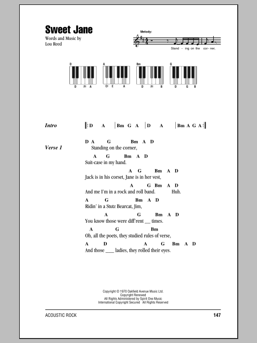 Lou Reed Sweet Jane (Intro) Sheet Music Notes & Chords for Lyrics & Piano Chords - Download or Print PDF