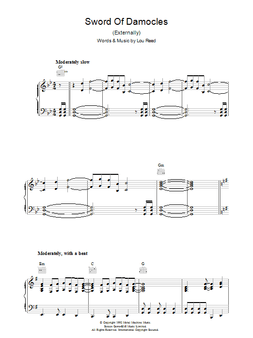 Lou Reed Sword Of Damocles Sheet Music Notes & Chords for Piano, Vocal & Guitar (Right-Hand Melody) - Download or Print PDF