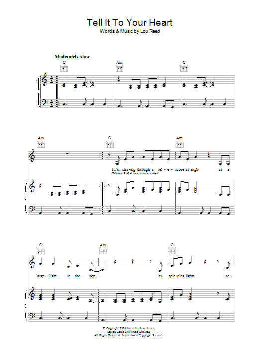 Lou Reed Tell It To Your Heart Sheet Music Notes & Chords for Piano, Vocal & Guitar (Right-Hand Melody) - Download or Print PDF