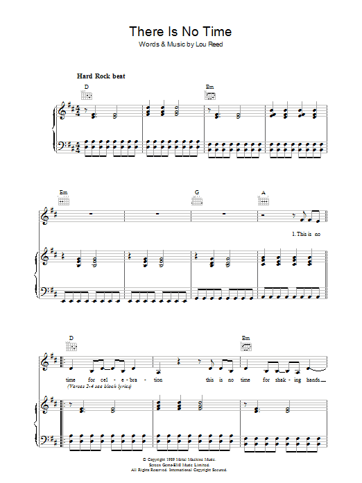 Lou Reed There Is No Time Sheet Music Notes & Chords for Piano, Vocal & Guitar (Right-Hand Melody) - Download or Print PDF