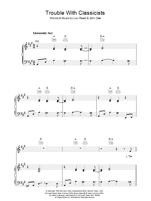 Lou Reed Trouble With Classicists Sheet Music Notes & Chords for Piano, Vocal & Guitar - Download or Print PDF