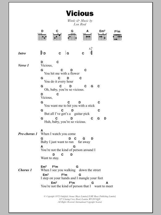 Lou Reed Vicious Sheet Music Notes & Chords for Lyrics & Chords - Download or Print PDF