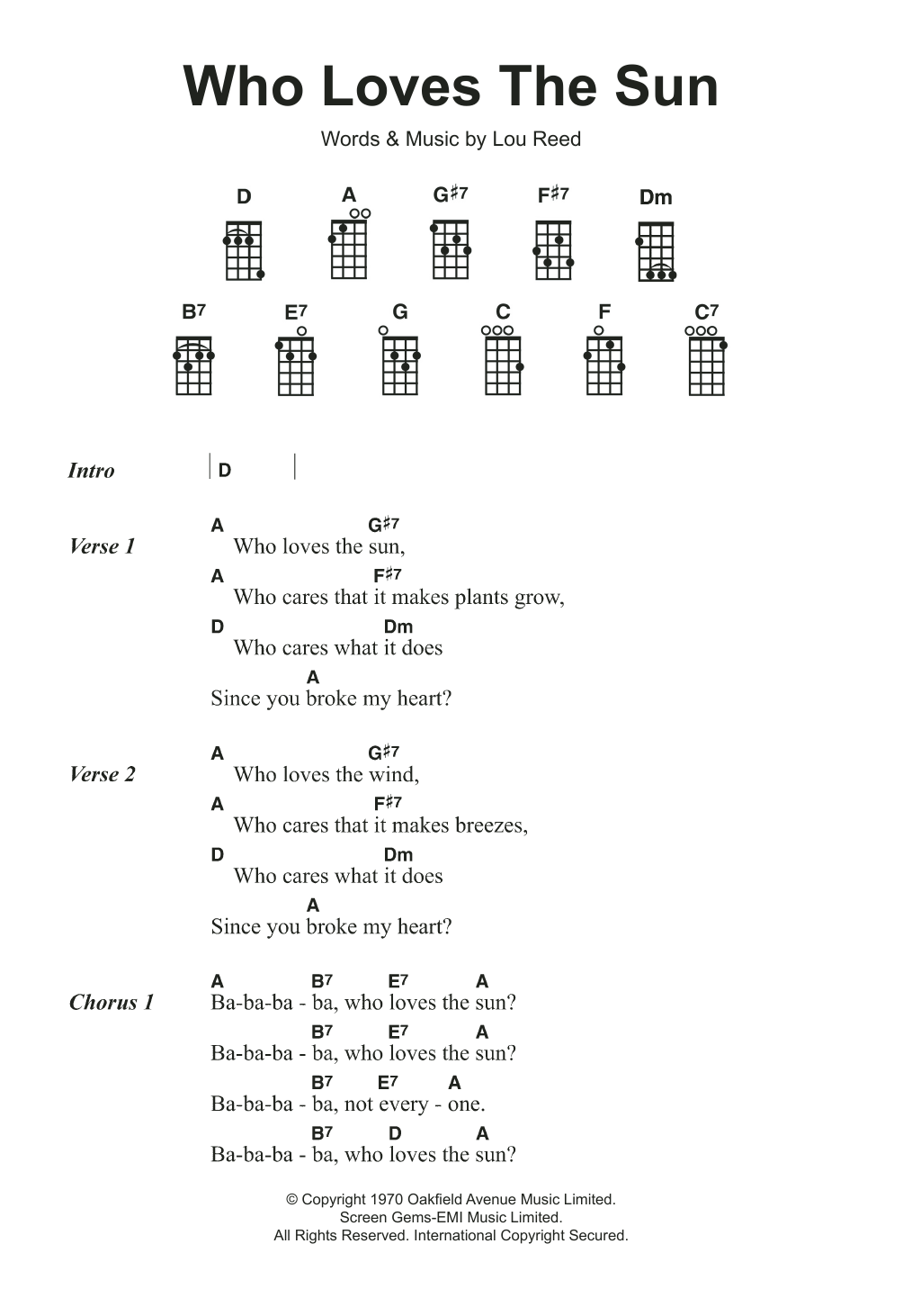 Lou Reed Who Loves The Sun Sheet Music Notes & Chords for Ukulele - Download or Print PDF