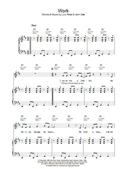 Lou Reed Work Sheet Music Notes & Chords for Piano, Vocal & Guitar - Download or Print PDF