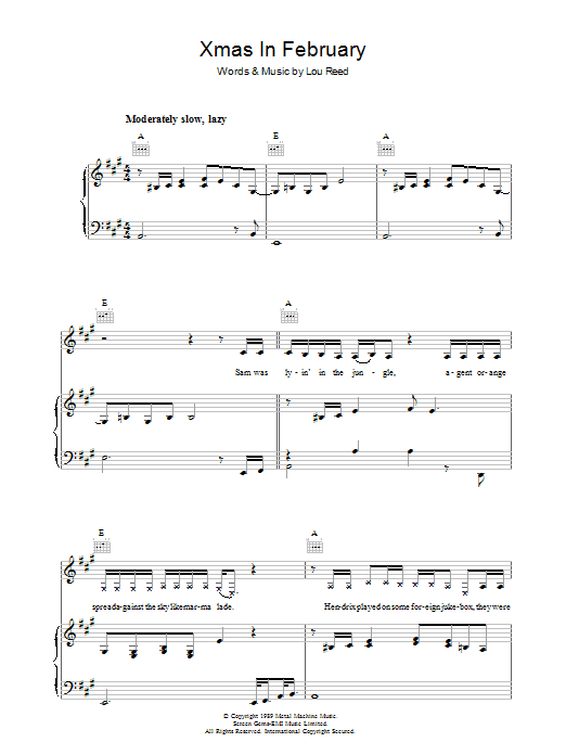 Lou Reed Xmas In February Sheet Music Notes & Chords for Piano, Vocal & Guitar - Download or Print PDF