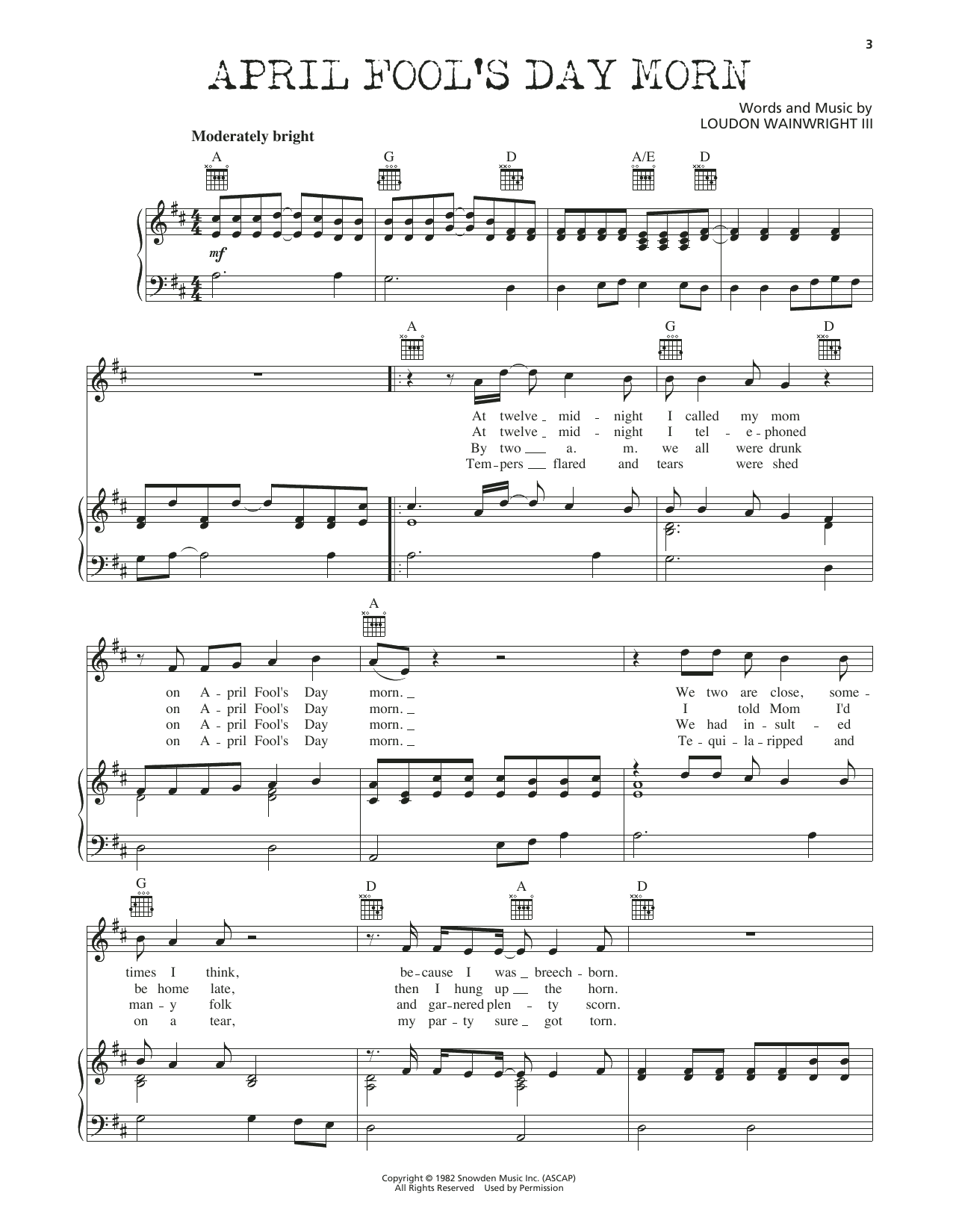 Loudon Wainwright III April Fool's Day Morn Sheet Music Notes & Chords for Piano, Vocal & Guitar Chords (Right-Hand Melody) - Download or Print PDF