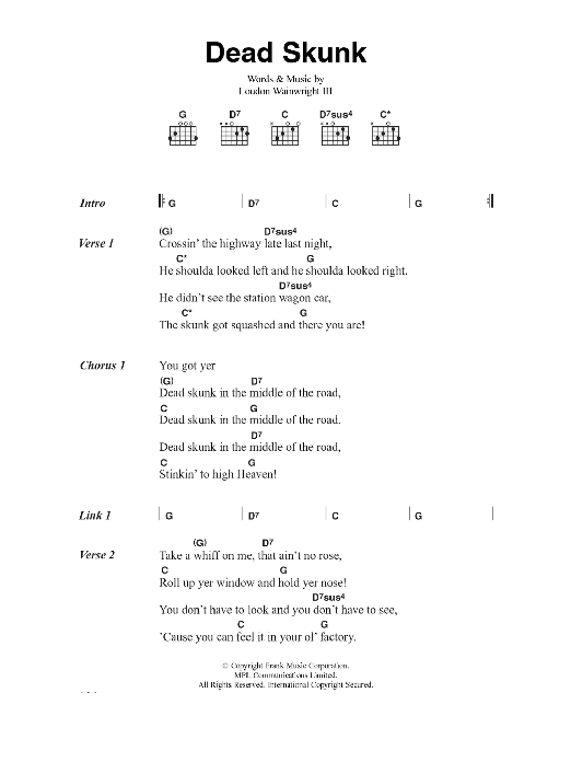 Loudon Wainwright III Dead Skunk Sheet Music Notes & Chords for Lyrics & Chords - Download or Print PDF