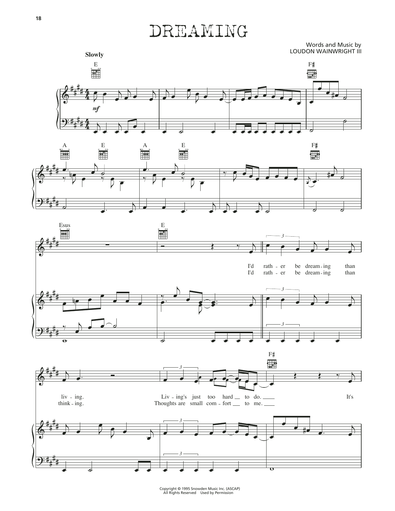 Loudon Wainwright III Dreaming Sheet Music Notes & Chords for Piano, Vocal & Guitar Chords (Right-Hand Melody) - Download or Print PDF