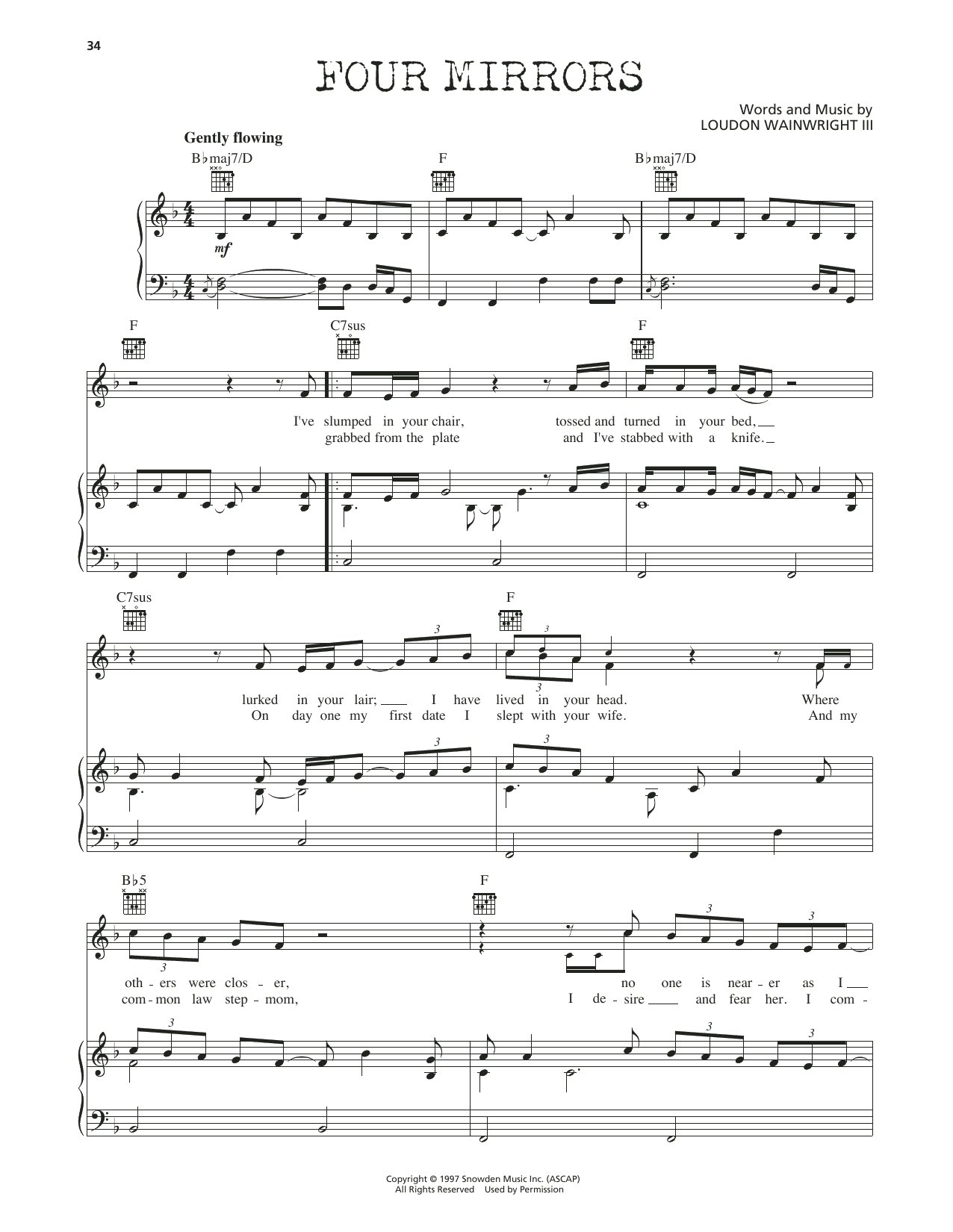 Loudon Wainwright III Four Mirrors Sheet Music Notes & Chords for Piano, Vocal & Guitar Chords (Right-Hand Melody) - Download or Print PDF