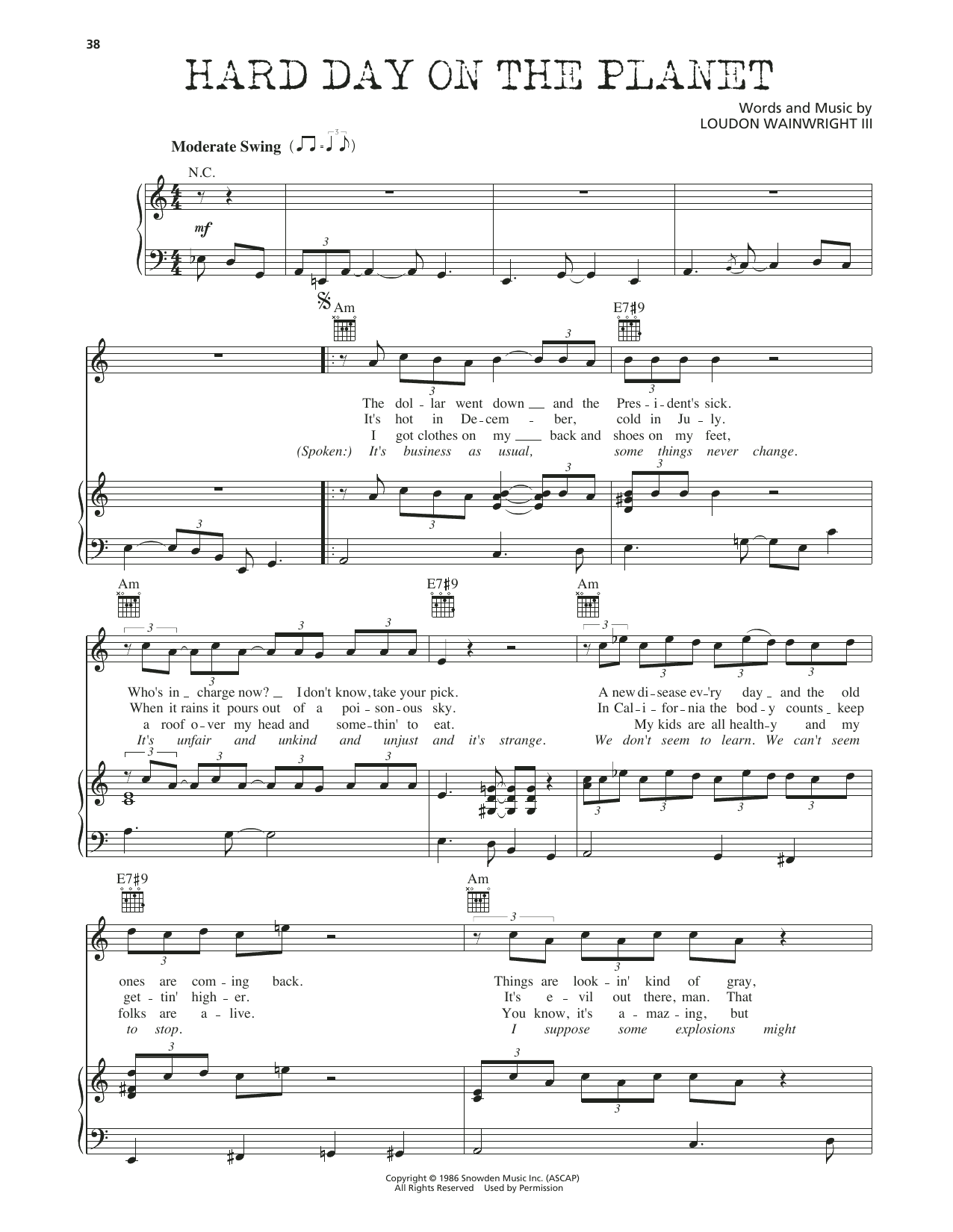 Loudon Wainwright III Hard Day On The Planet Sheet Music Notes & Chords for Piano, Vocal & Guitar Chords (Right-Hand Melody) - Download or Print PDF