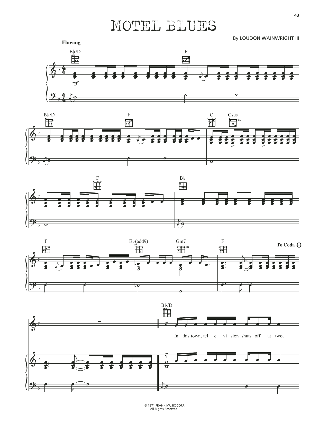 Loudon Wainwright III Motel Blues Sheet Music Notes & Chords for Piano, Vocal & Guitar Chords (Right-Hand Melody) - Download or Print PDF