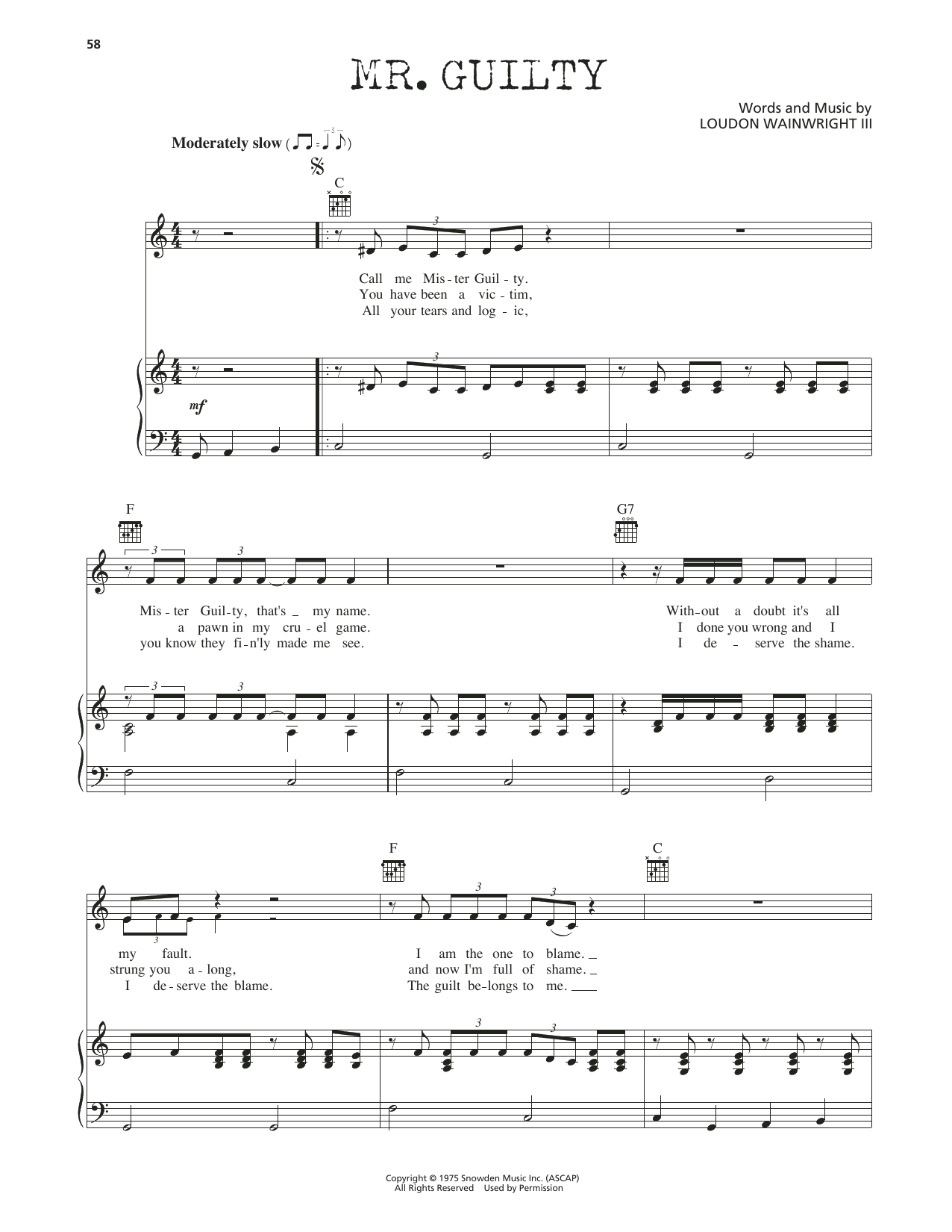 Loudon Wainwright III Mr. Guilty Sheet Music Notes & Chords for Piano, Vocal & Guitar Chords (Right-Hand Melody) - Download or Print PDF