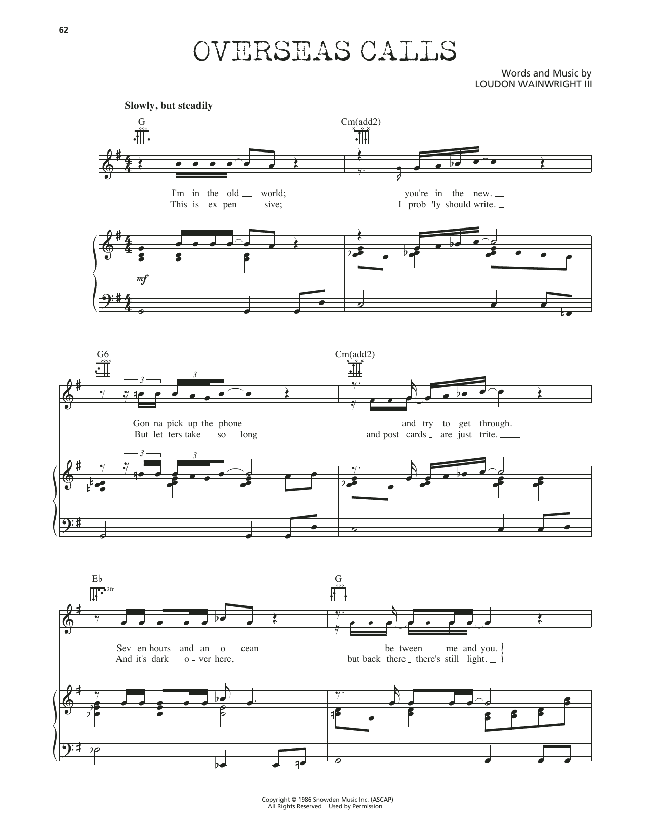 Loudon Wainwright III Overseas Calls Sheet Music Notes & Chords for Piano, Vocal & Guitar Chords (Right-Hand Melody) - Download or Print PDF