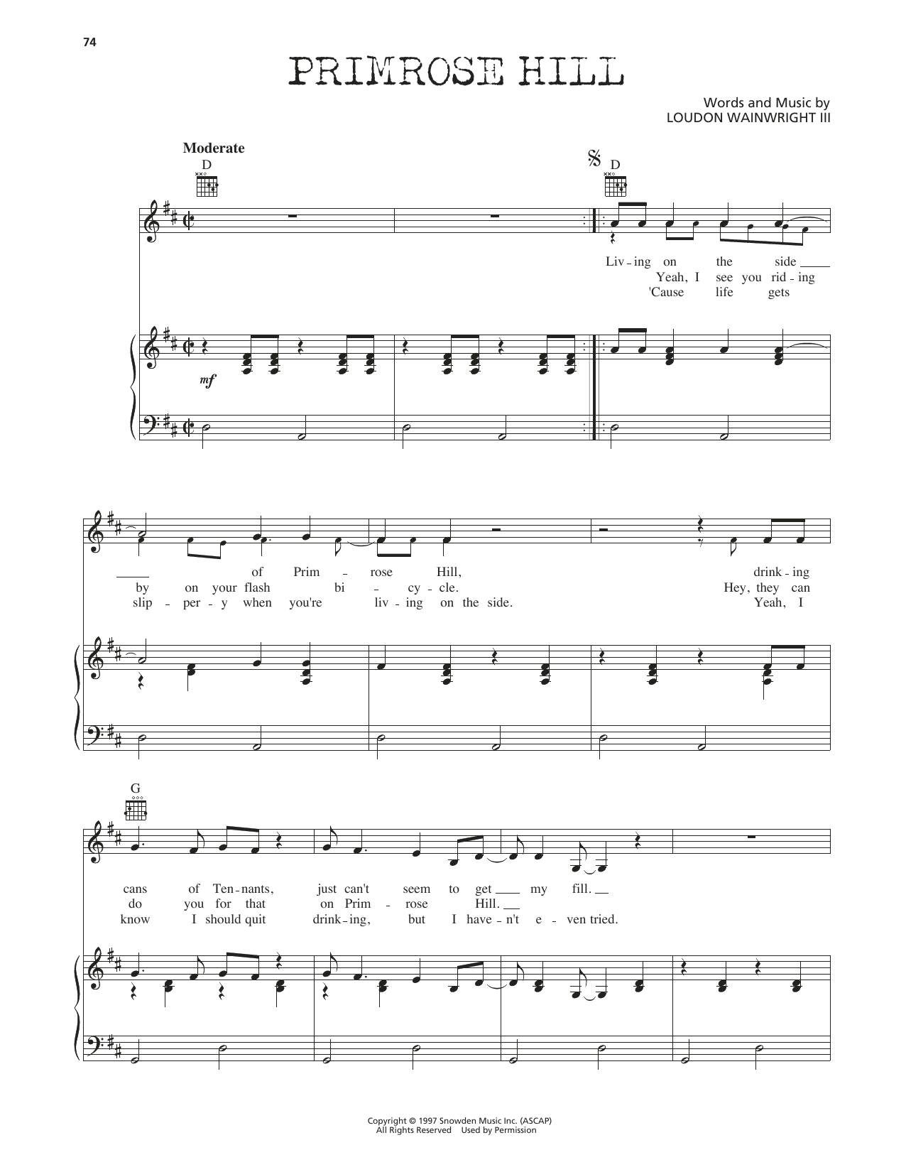 Loudon Wainwright III Primrose Hill Sheet Music Notes & Chords for Piano, Vocal & Guitar Chords (Right-Hand Melody) - Download or Print PDF