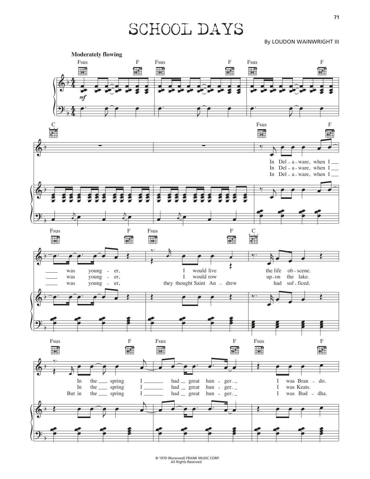 Loudon Wainwright III School Days Sheet Music Notes & Chords for Piano, Vocal & Guitar Chords (Right-Hand Melody) - Download or Print PDF