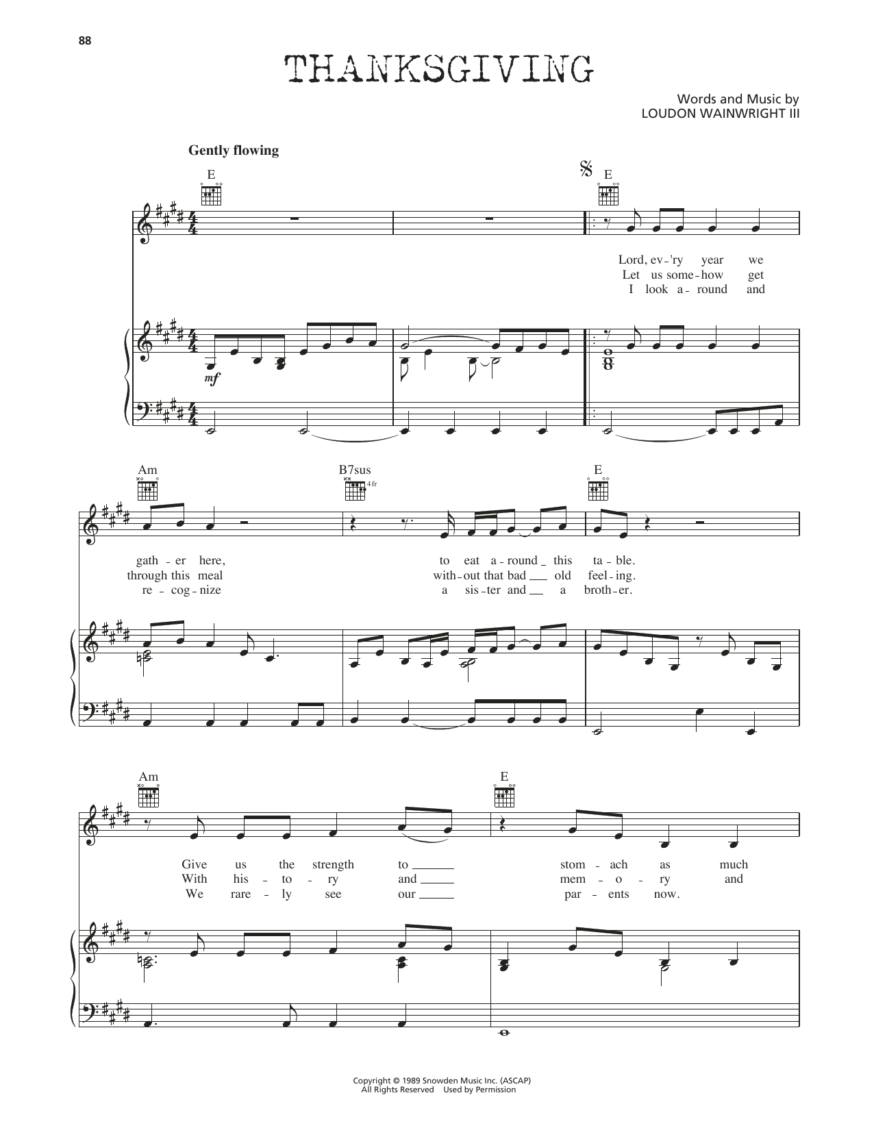 Loudon Wainwright III Thanksgiving Sheet Music Notes & Chords for Piano, Vocal & Guitar Chords (Right-Hand Melody) - Download or Print PDF