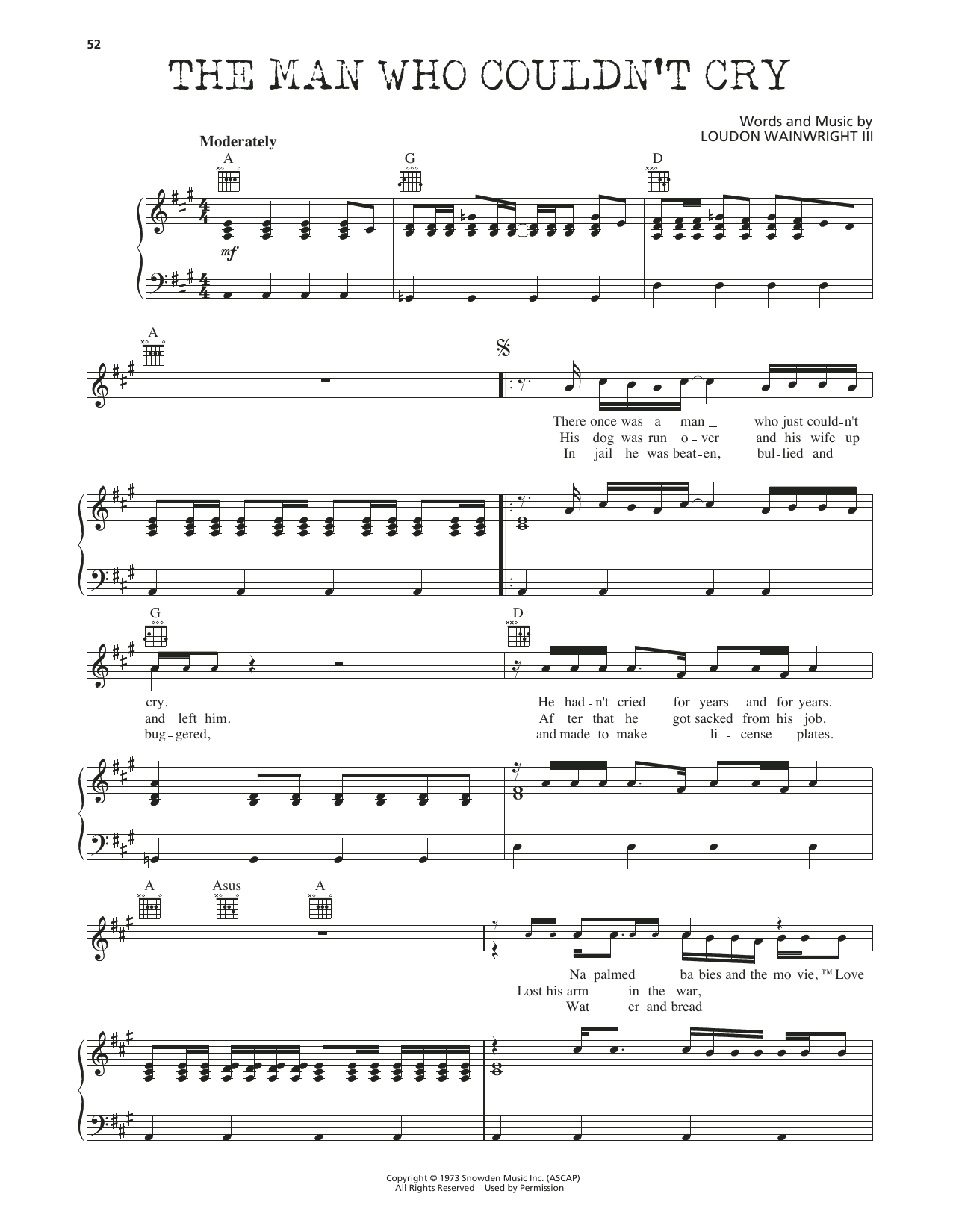 Loudon Wainwright III The Man Who Couldn't Cry Sheet Music Notes & Chords for Piano, Vocal & Guitar Chords (Right-Hand Melody) - Download or Print PDF