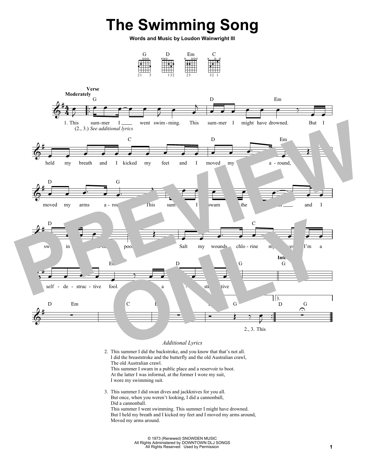 Loudon Wainwright III The Swimming Song Sheet Music Notes & Chords for Easy Guitar - Download or Print PDF
