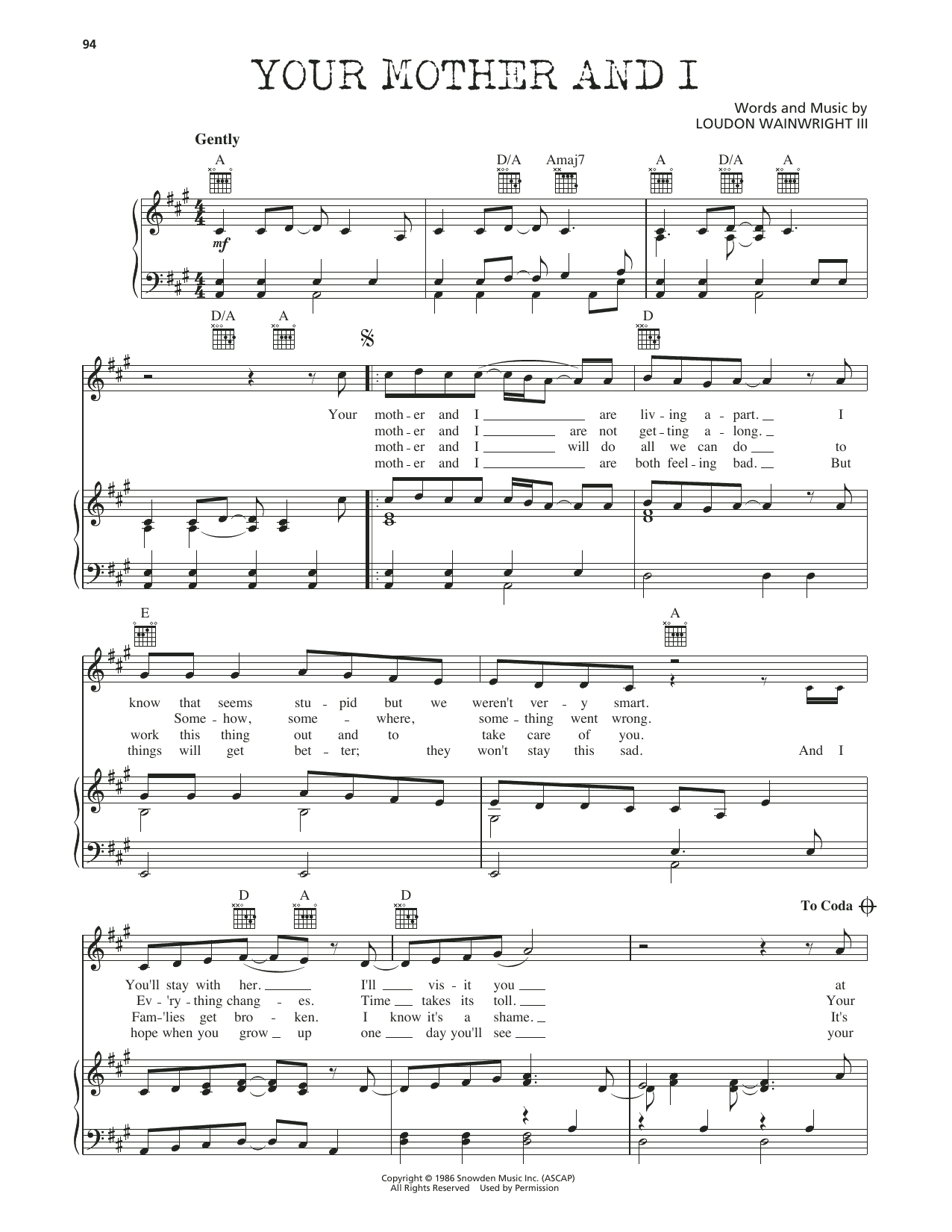 Loudon Wainwright III Your Mother And I Sheet Music Notes & Chords for Piano, Vocal & Guitar Chords (Right-Hand Melody) - Download or Print PDF