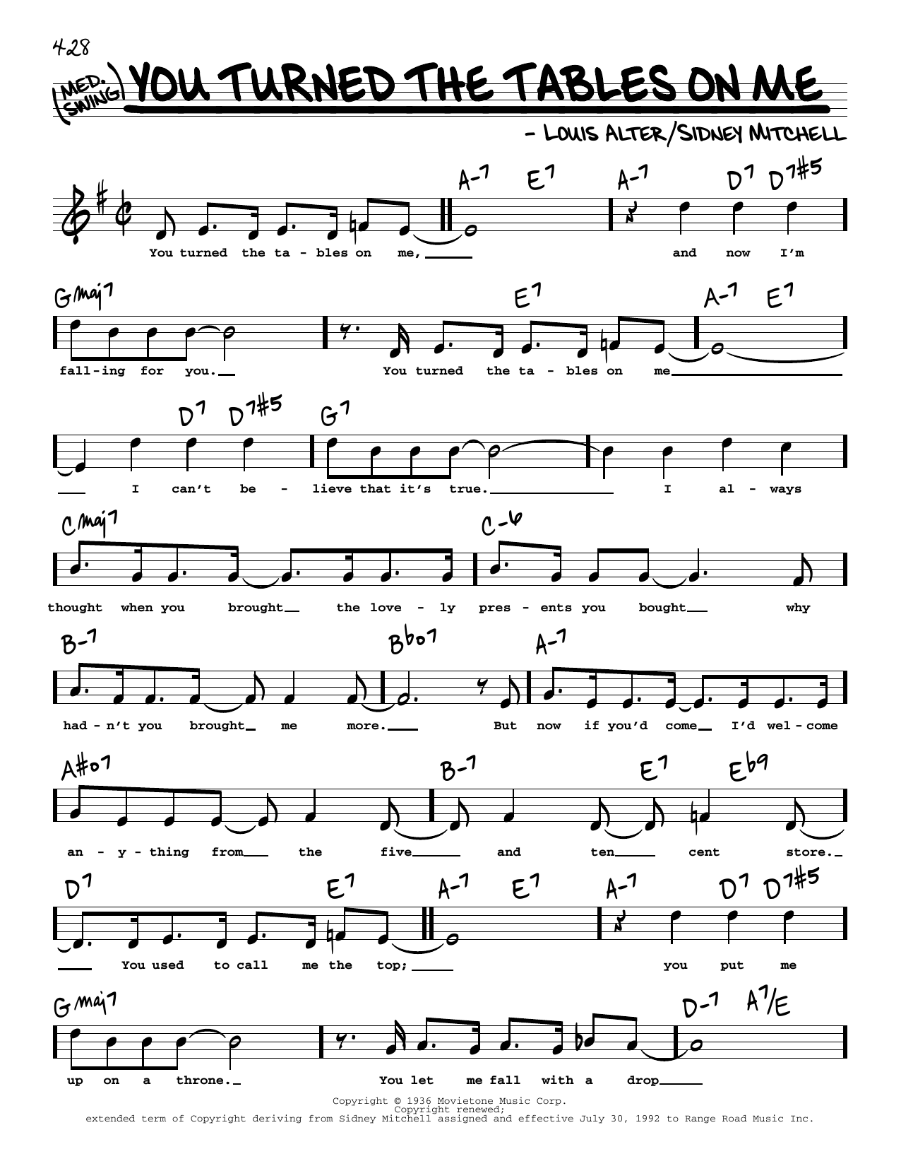 Louis Alter and Sidney D. Mitchell You Turned The Tables On Me (High Voice) Sheet Music Notes & Chords for Real Book – Melody, Lyrics & Chords - Download or Print PDF
