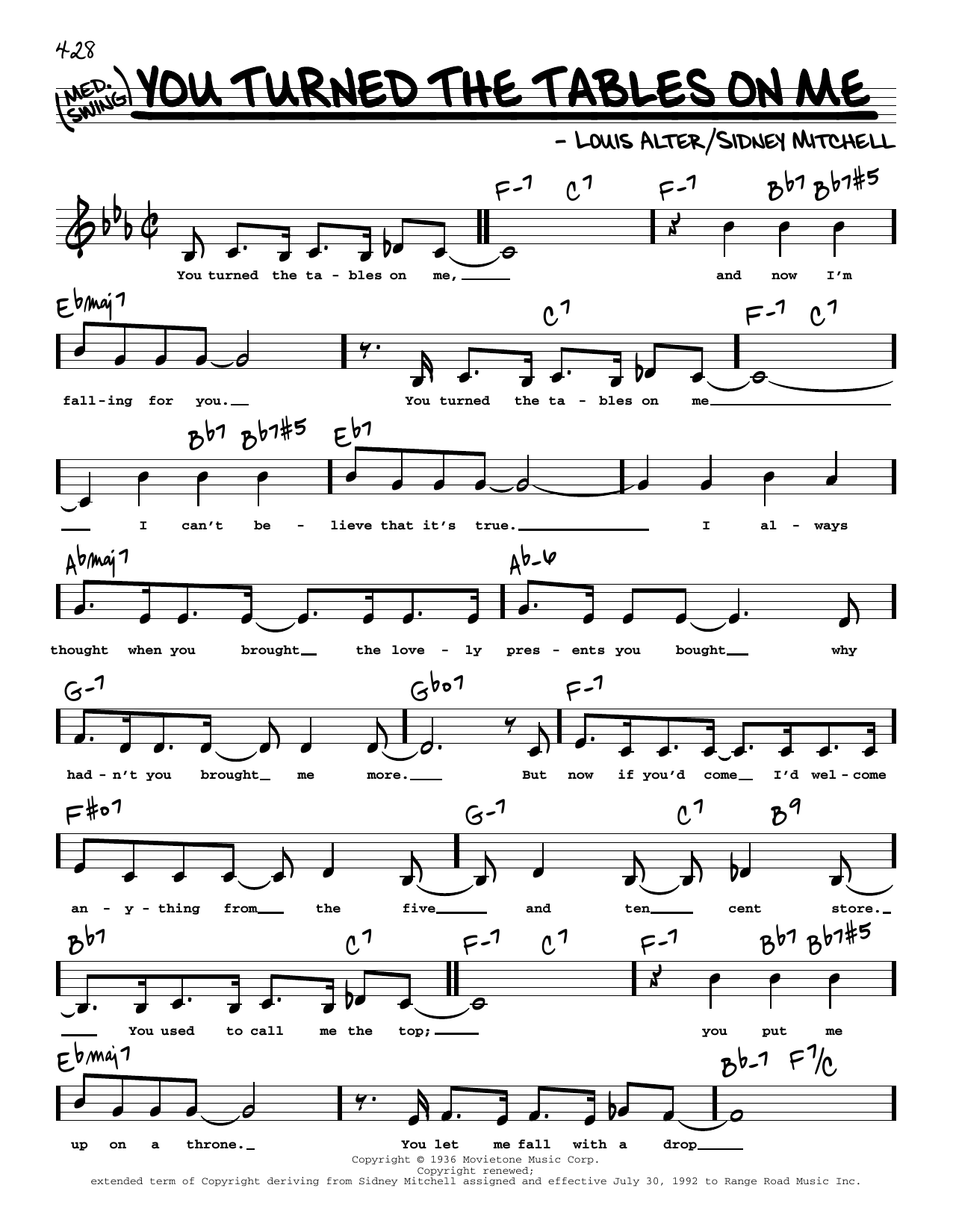 Louis Alter You Turned The Tables On Me (Low Voice) Sheet Music Notes & Chords for Real Book – Melody, Lyrics & Chords - Download or Print PDF