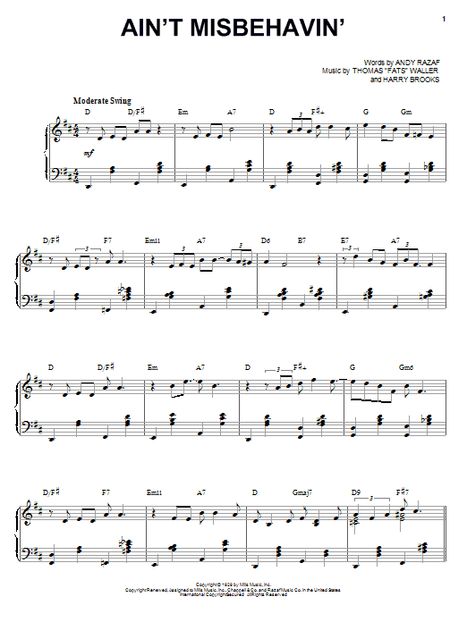 Louis Armstrong Ain't Misbehavin' Sheet Music Notes & Chords for Piano, Vocal & Guitar (Right-Hand Melody) - Download or Print PDF