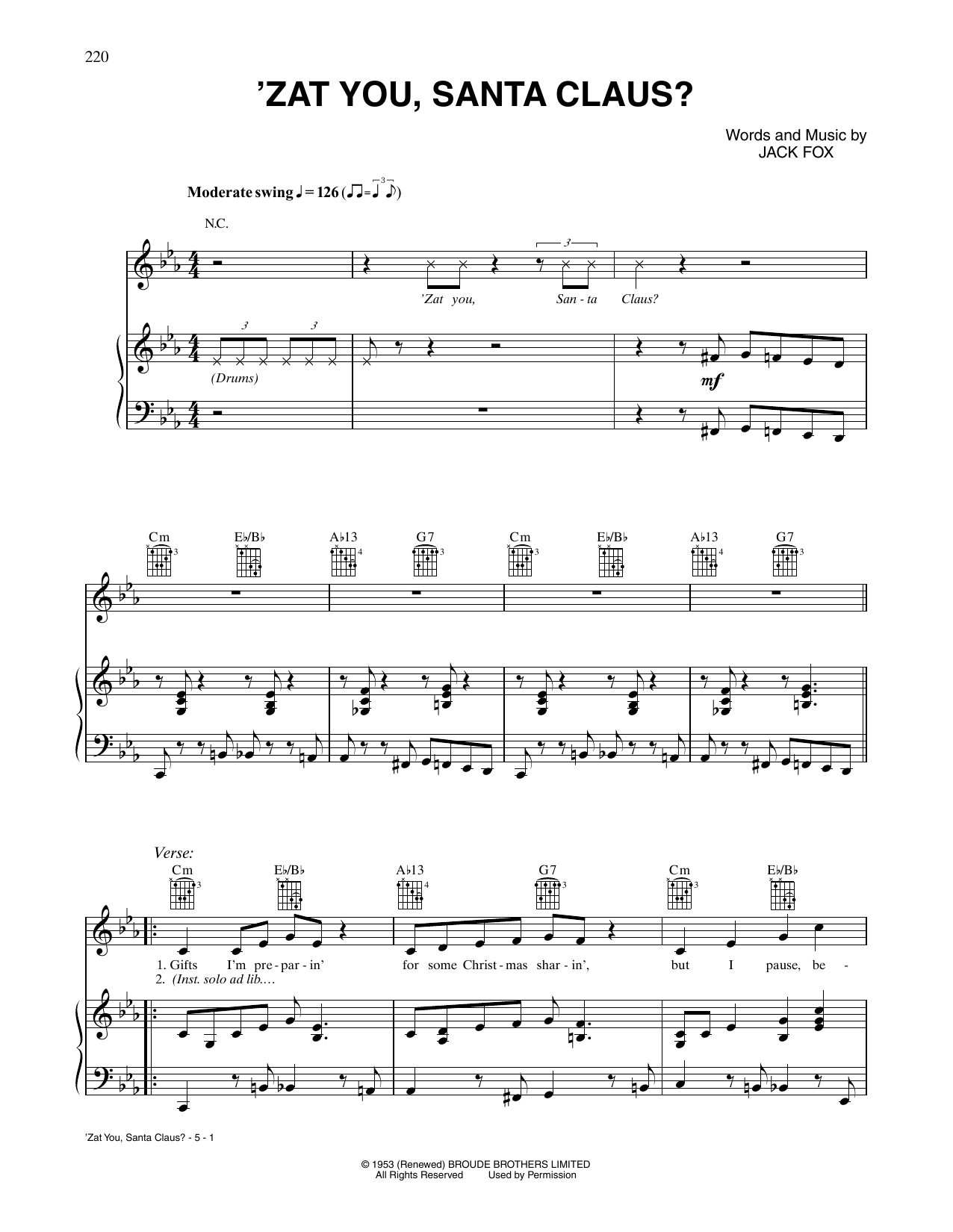 Louis Armstrong and The Commanders 'Zat You, Santa Claus? Sheet Music Notes & Chords for Piano, Vocal & Guitar Chords (Right-Hand Melody) - Download or Print PDF
