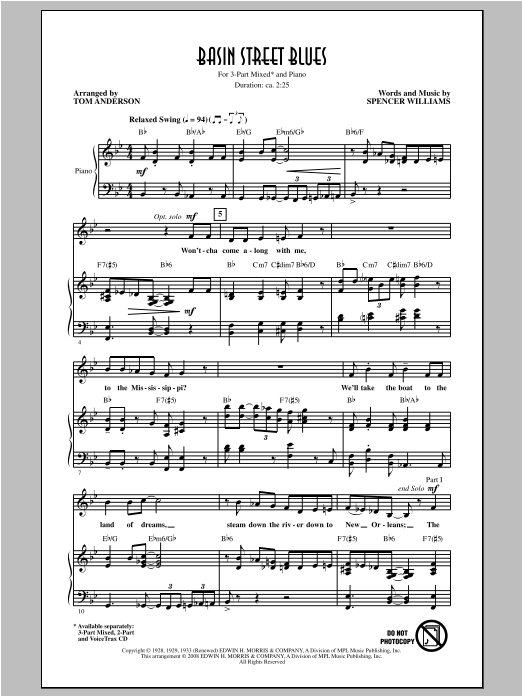 Louis Armstrong Basin Street Blues (arr. Tom Anderson) Sheet Music Notes & Chords for 3-Part Mixed - Download or Print PDF