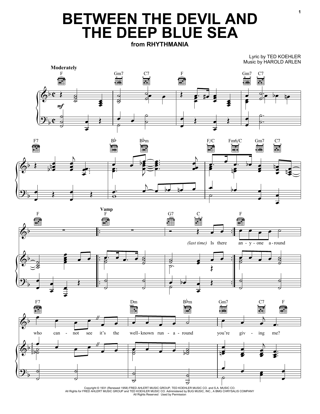 Louis Armstrong Between The Devil And The Deep Blue Sea Sheet Music Notes & Chords for Piano, Vocal & Guitar (Right-Hand Melody) - Download or Print PDF