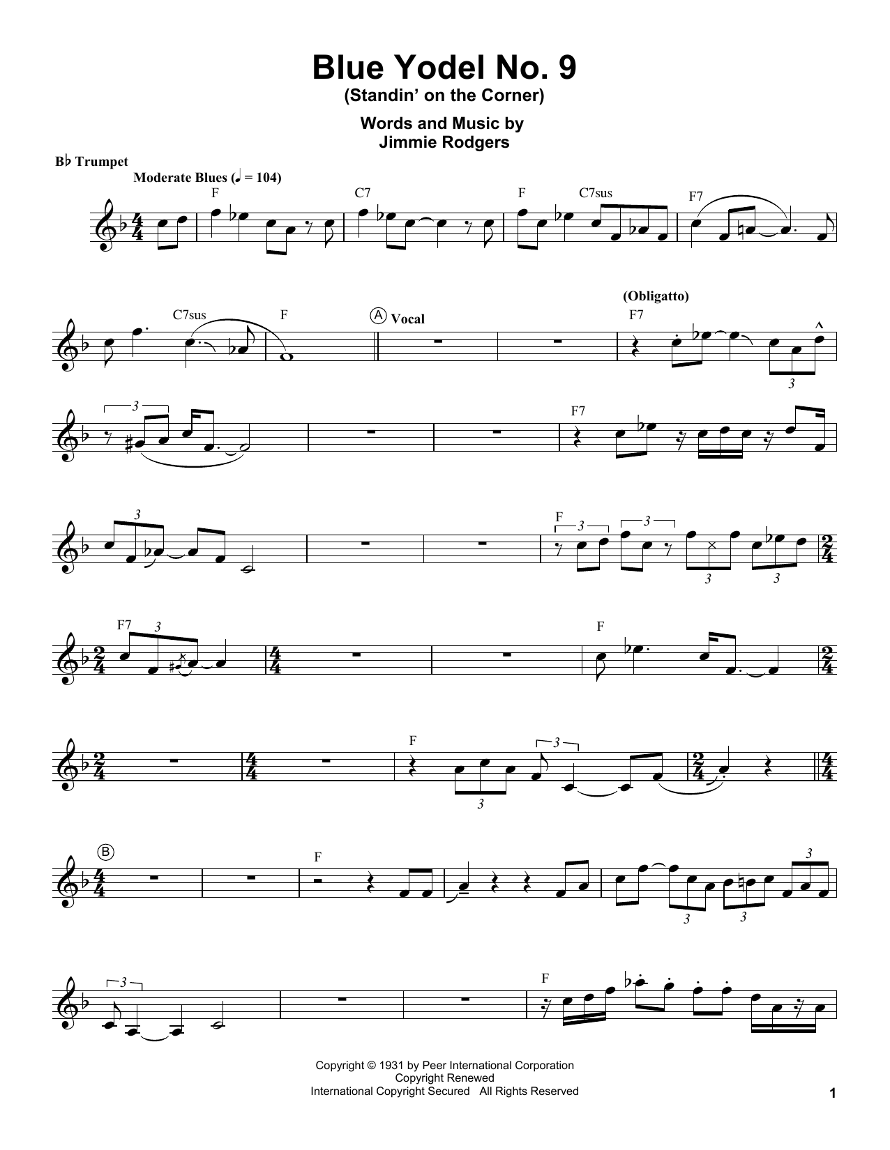 Louis Armstrong Blue Yodel No. 9 (Standin' On The Corner) Sheet Music Notes & Chords for Trumpet Transcription - Download or Print PDF